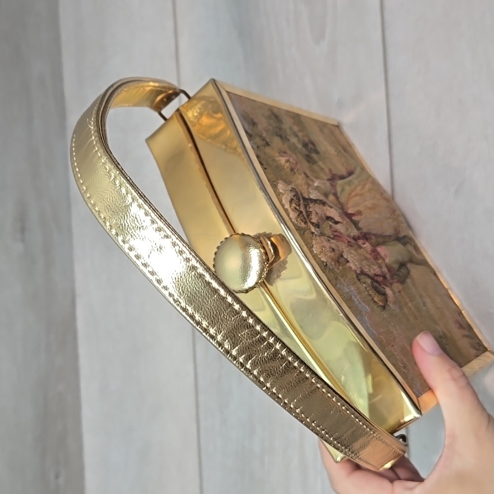 Vintag1960s TYROLEAN Bag Tapestry Cloth Embroidered Puffed Puffy Victorian Purse - Picture 6 of 13